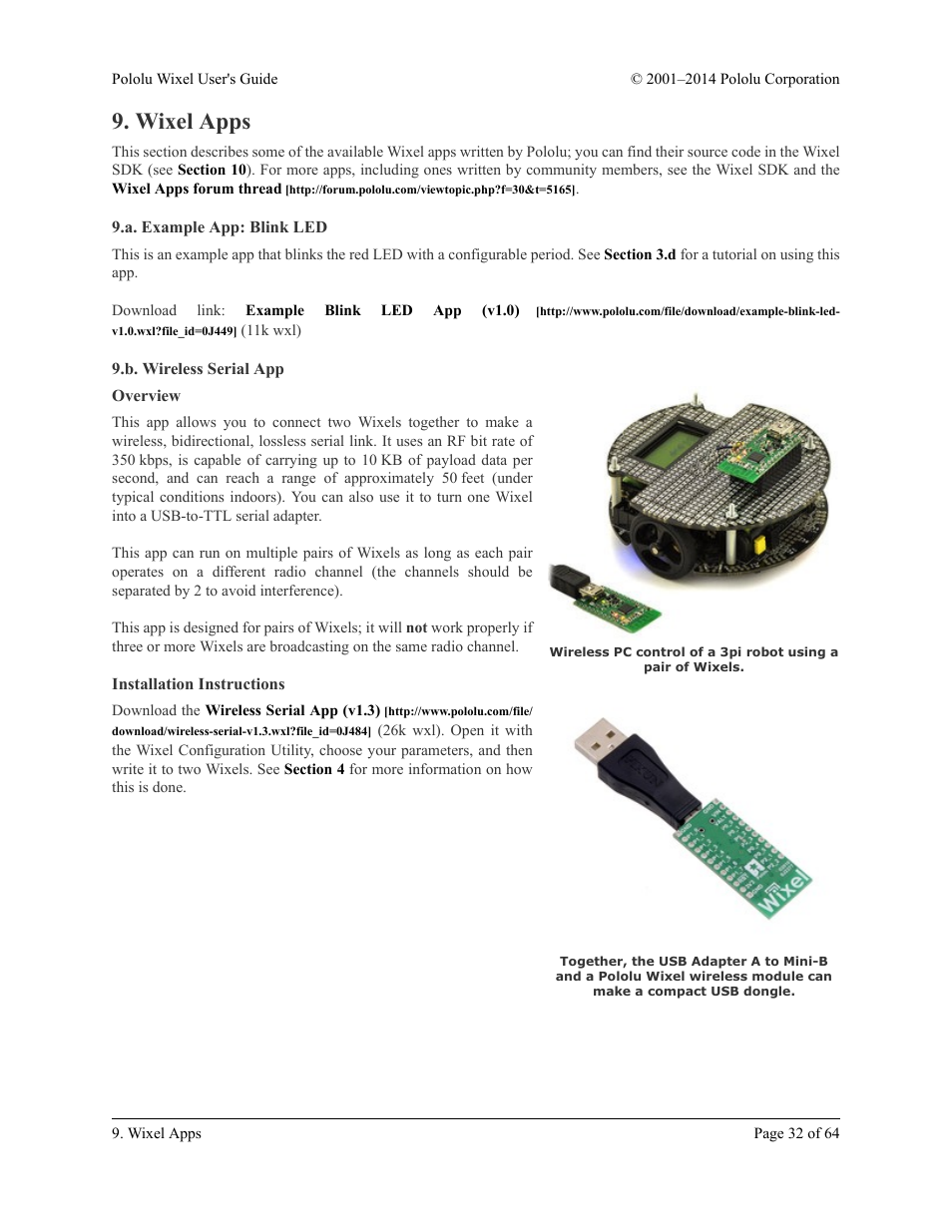 Wixel apps, A. example app: blink led, B. wireless serial app | Overview, Installation instructions, A. example app: blink led 9.b. wireless serial app, Section 9.b | Pololu Wixel User Manual | Page 32 / 64