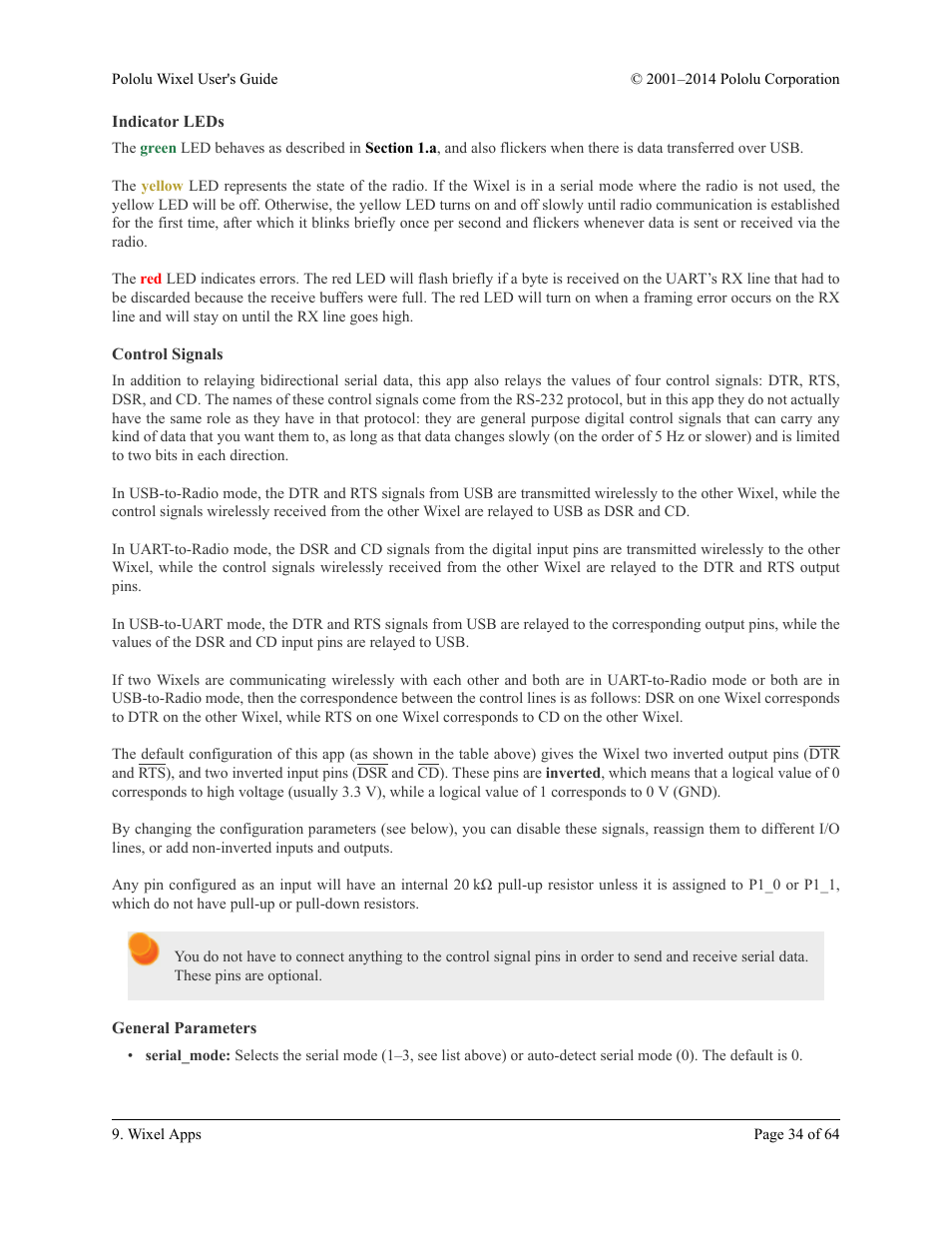 Indicator leds, Control signals, General parameters | Pololu Wixel User Manual | Page 34 / 64