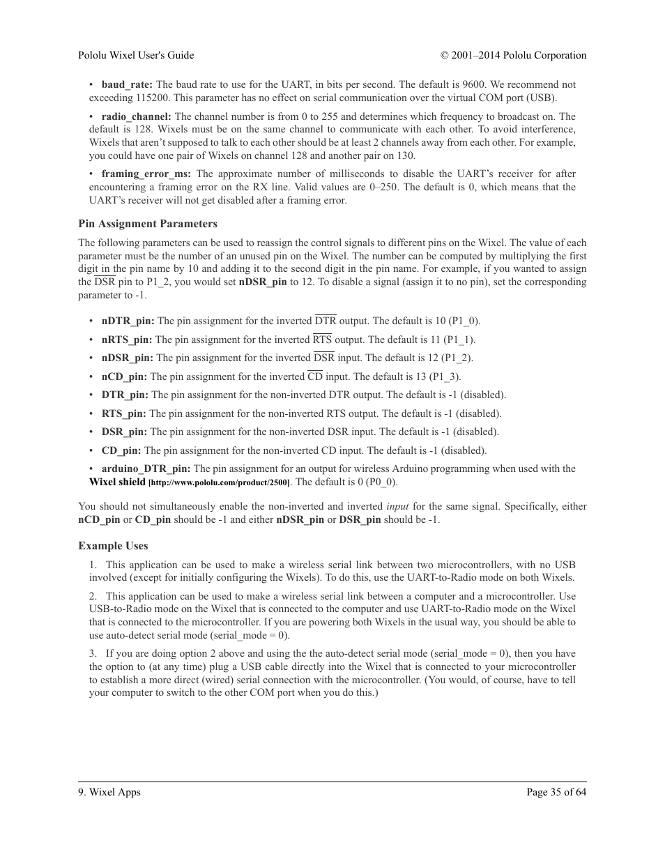 Pin assignment parameters, Example uses | Pololu Wixel User Manual | Page 35 / 64