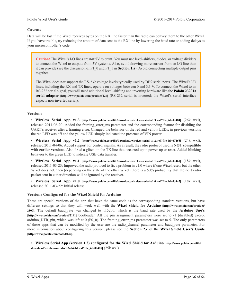 Caveats, Versions | Pololu Wixel User Manual | Page 36 / 64