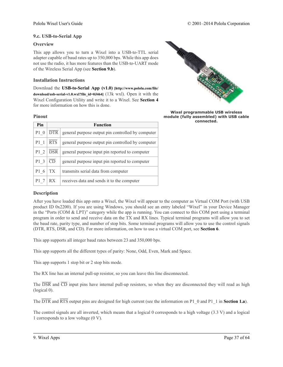 C. usb-to-serial app, Overview, Installation instructions | Pinout, Description, Section 9.c | Pololu Wixel User Manual | Page 37 / 64