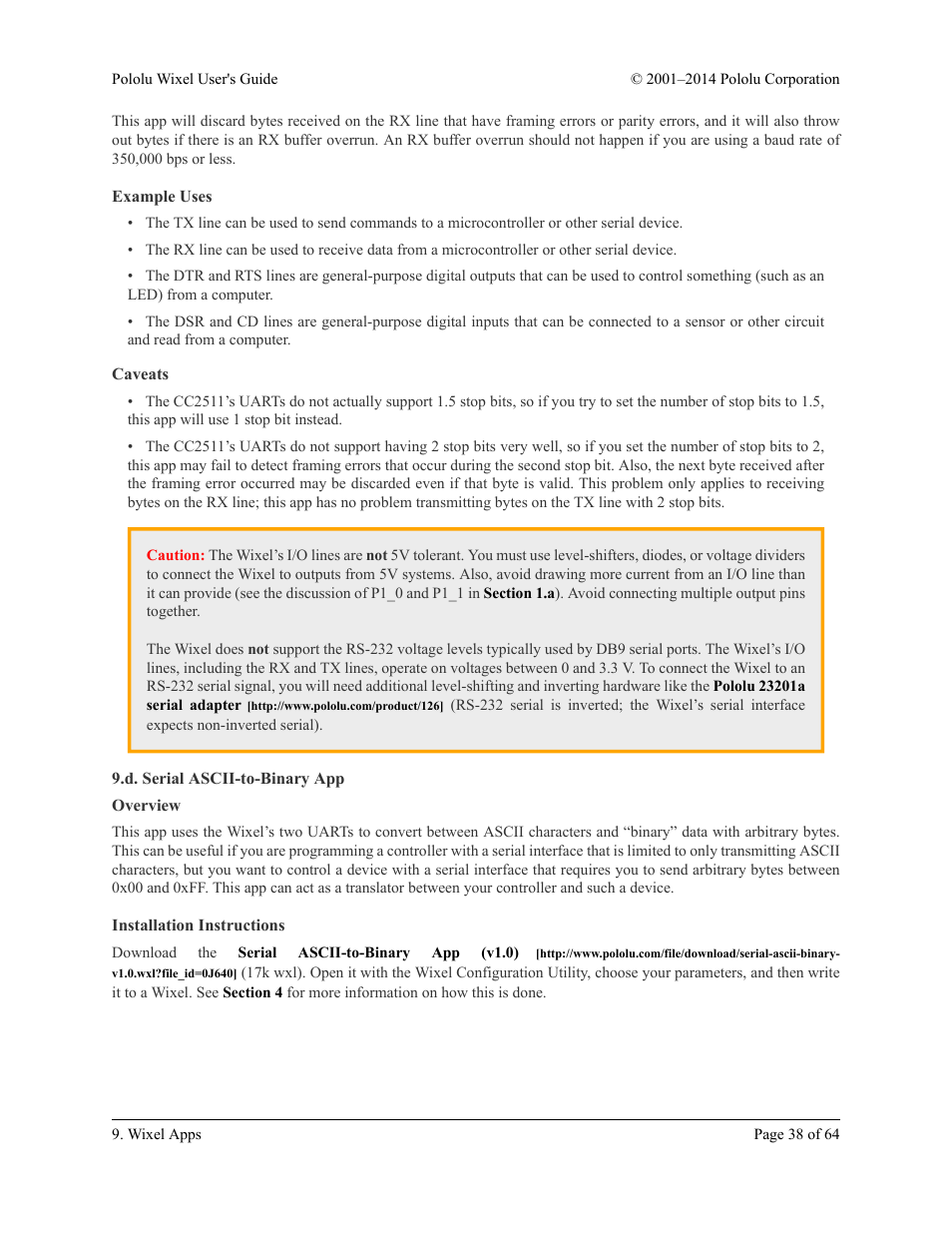 Example uses, Caveats, D. serial ascii-to-binary app | Overview, Installation instructions | Pololu Wixel User Manual | Page 38 / 64