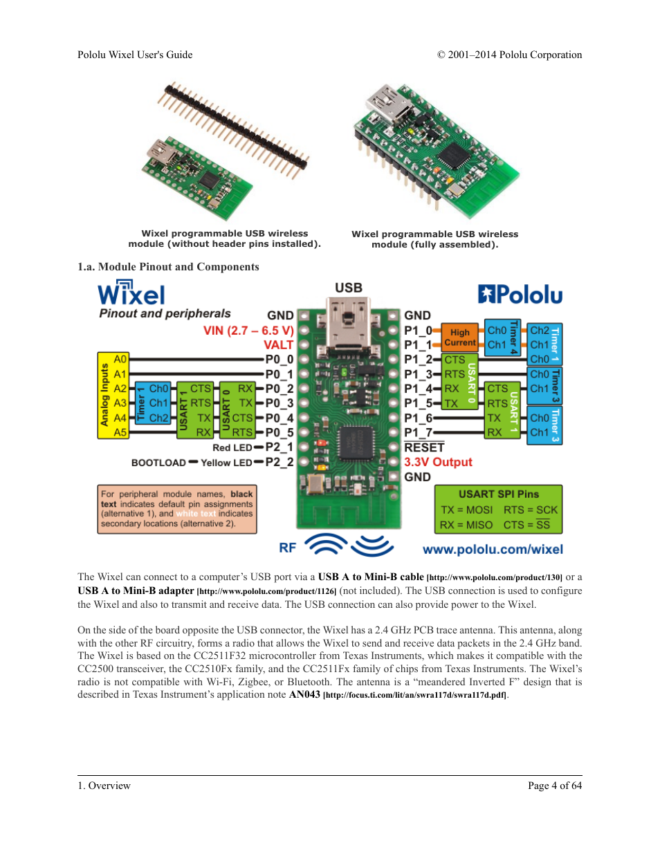 A. module pinout and components | Pololu Wixel User Manual | Page 4 / 64