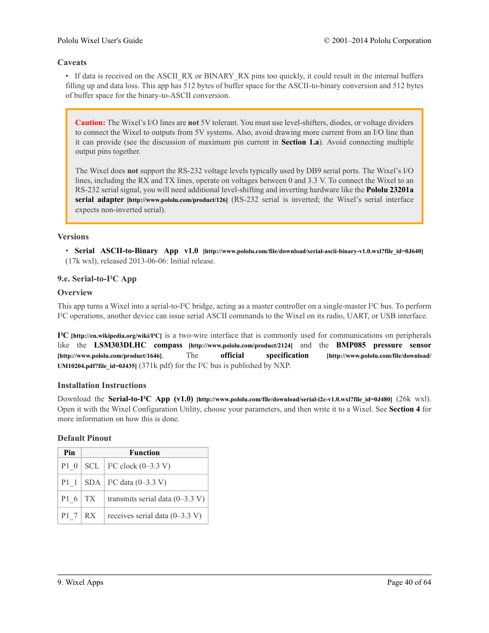 Caveats, Versions, E. serial-to-i²c app | Overview, Installation instructions, Default pinout | Pololu Wixel User Manual | Page 40 / 64