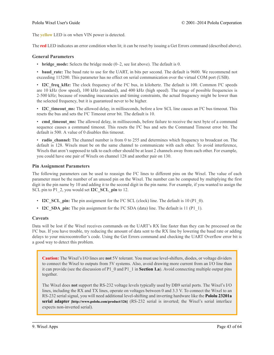 General parameters, Pin assignment parameters, Caveats | Pololu Wixel User Manual | Page 43 / 64