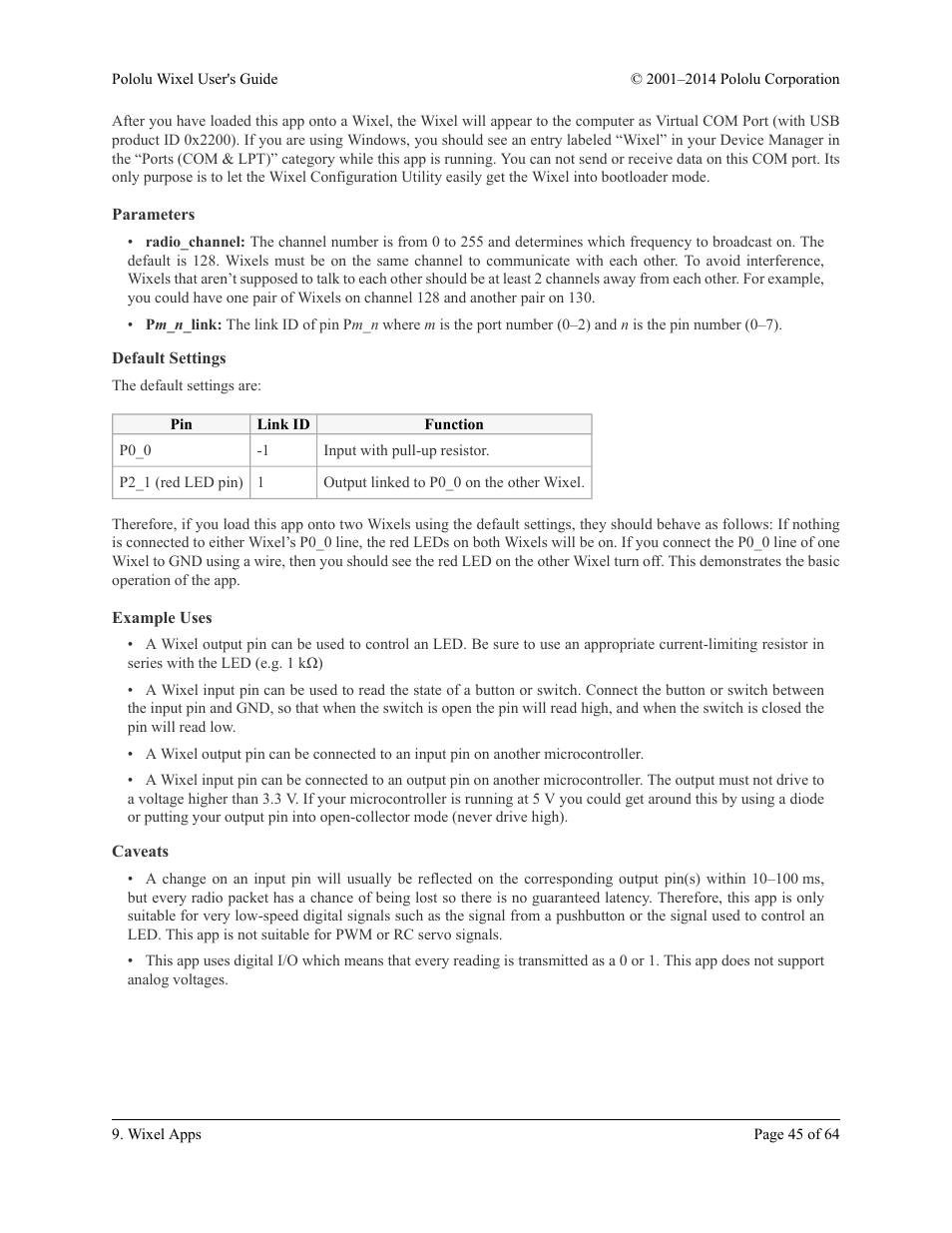 Parameters, Default settings, Example uses | Caveats | Pololu Wixel User Manual | Page 45 / 64