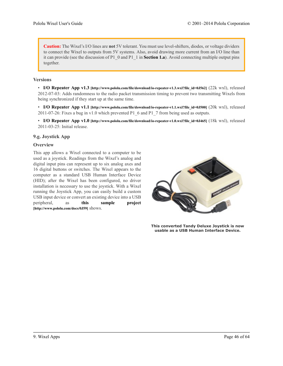 Versions, G. joystick app, Overview | Pololu Wixel User Manual | Page 46 / 64
