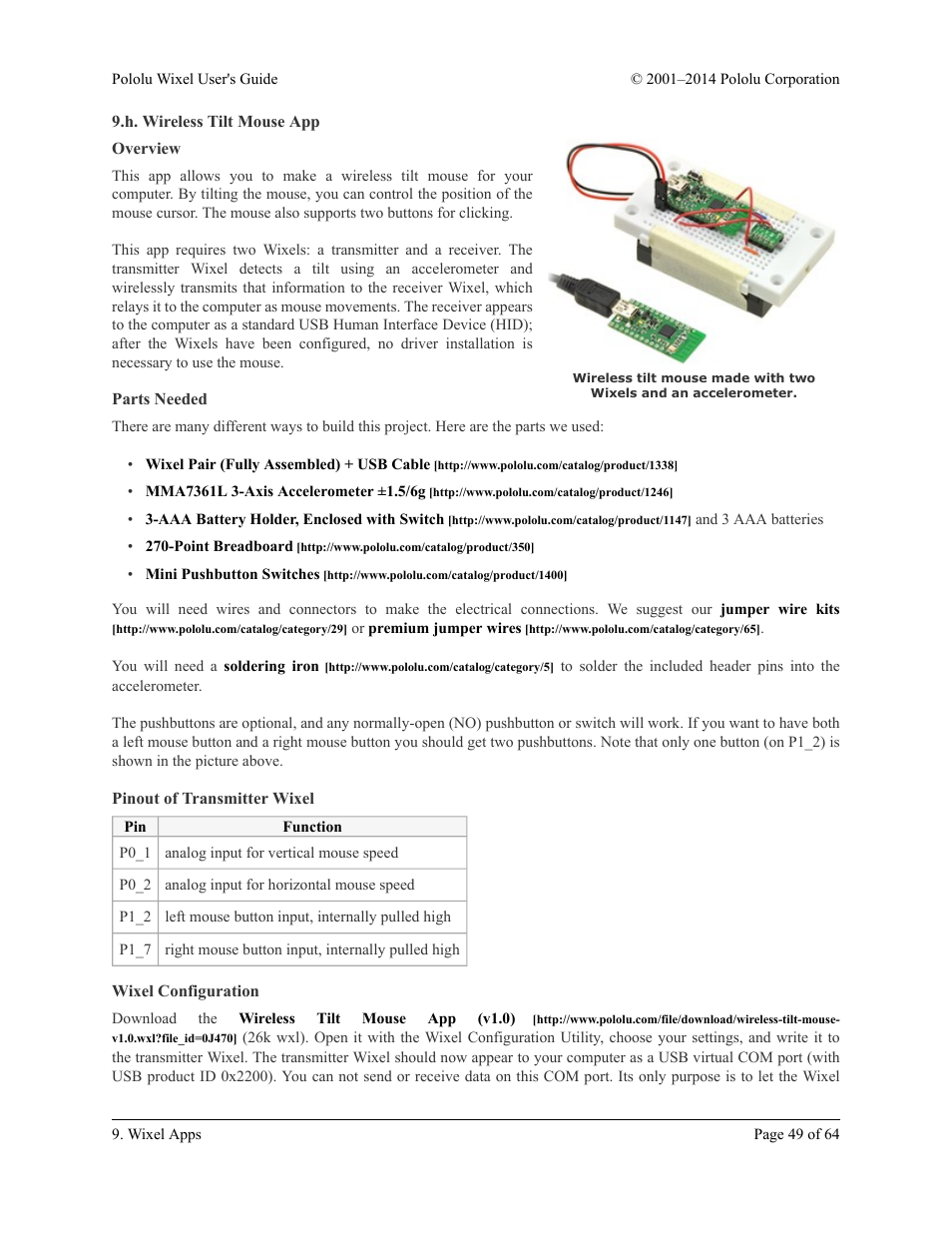 H. wireless tilt mouse app, Overview, Parts needed | Pinout of transmitter wixel, Wixel configuration | Pololu Wixel User Manual | Page 49 / 64