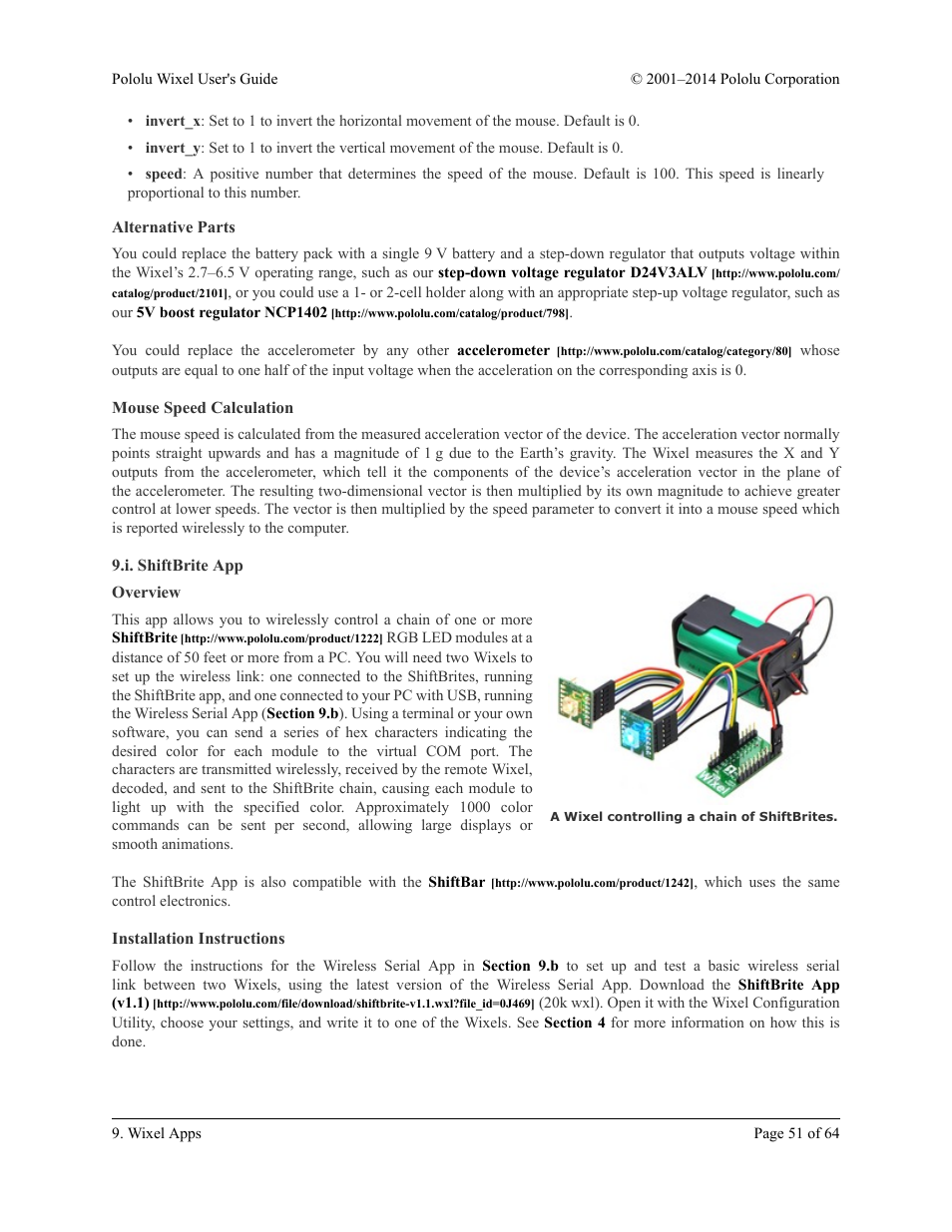 Alternative parts, Mouse speed calculation, I. shiftbrite app | Overview, Installation instructions | Pololu Wixel User Manual | Page 51 / 64