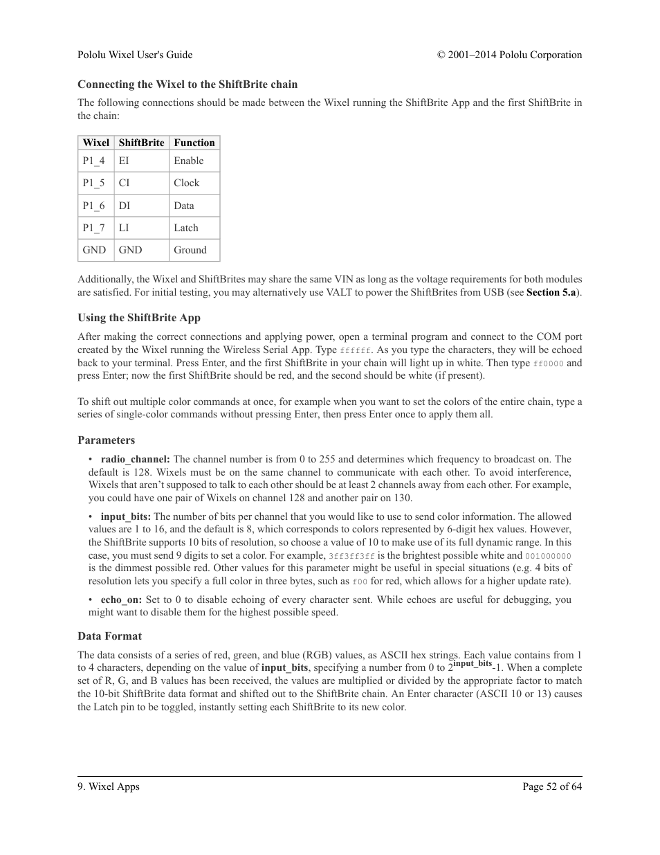 Connecting the wixel to the shiftbrite chain, Using the shiftbrite app, Parameters | Data format | Pololu Wixel User Manual | Page 52 / 64