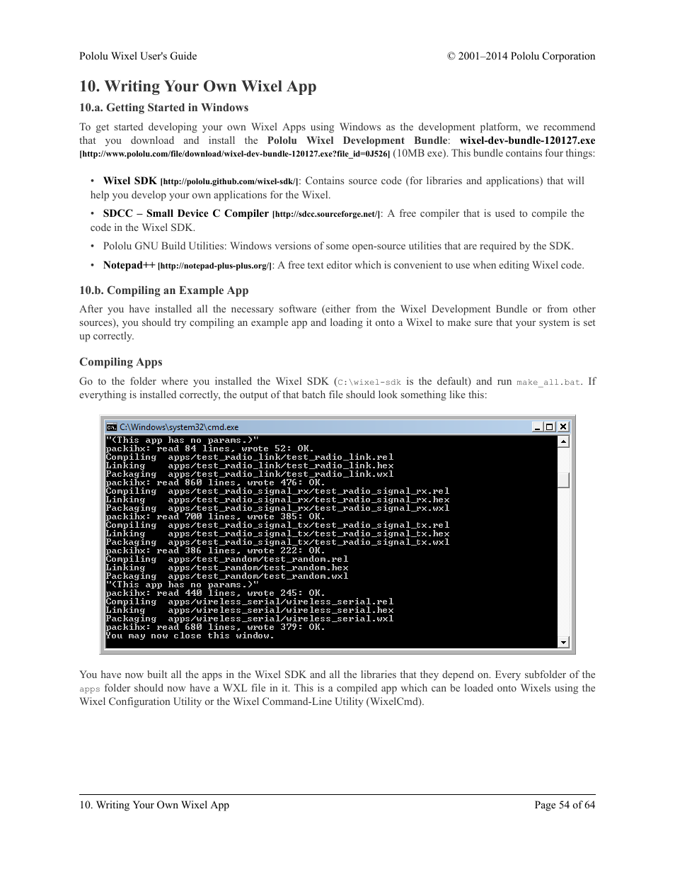 Writing your own wixel app, A. getting started in windows, B. compiling an example app | Compiling apps, Section 10, And share them with the community | Pololu Wixel User Manual | Page 54 / 64