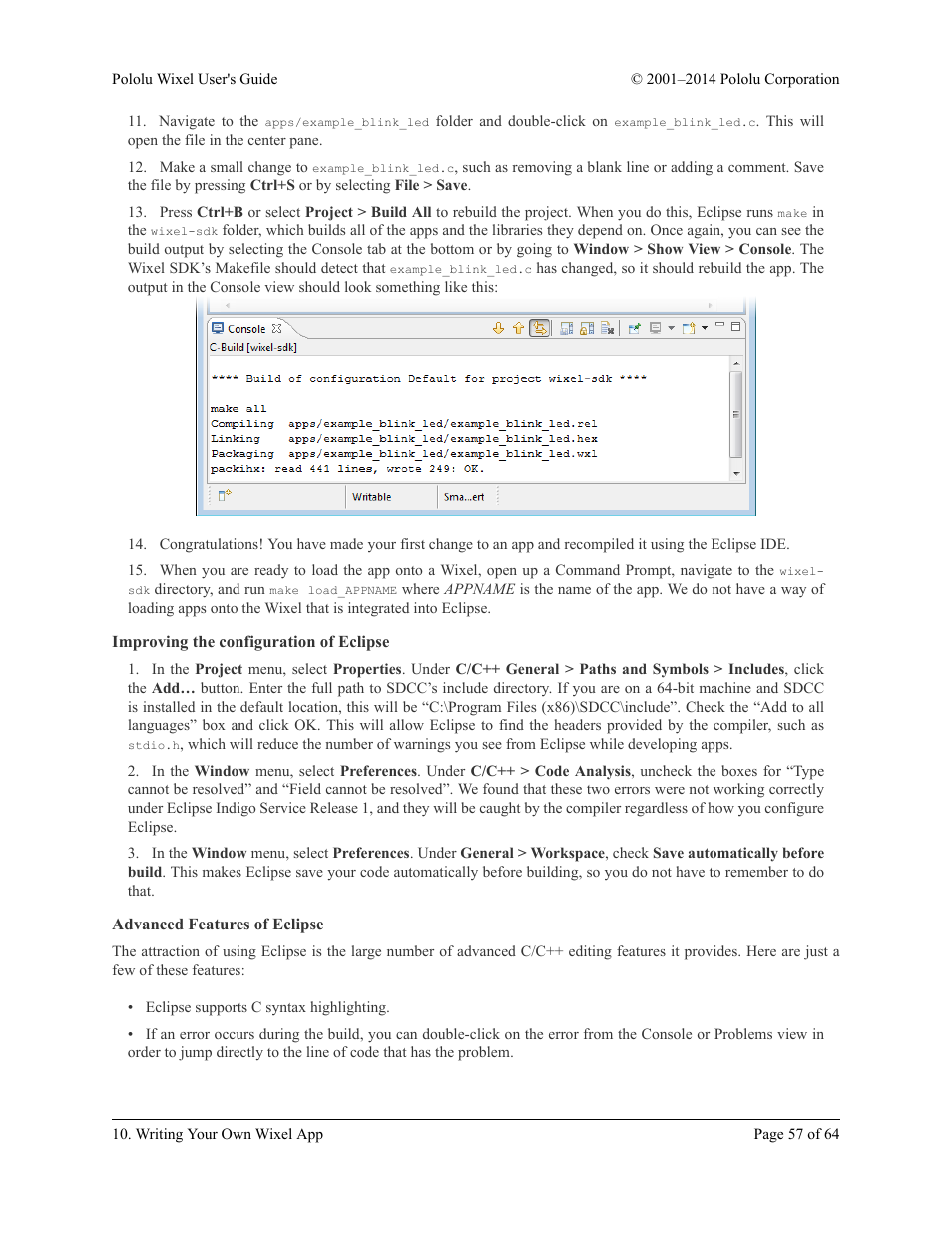 Improving the configuration of eclipse, Advanced features of eclipse | Pololu Wixel User Manual | Page 57 / 64