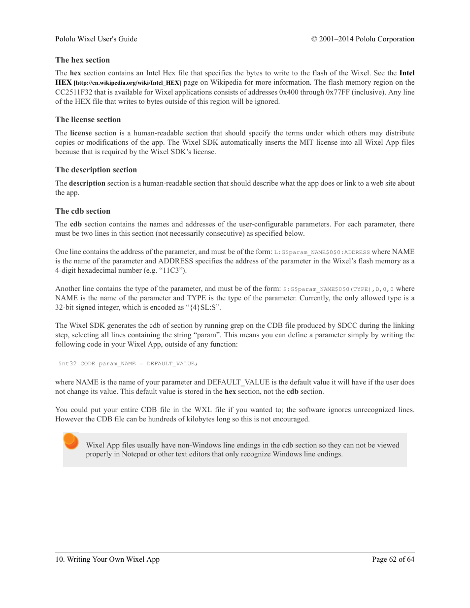 The hex section, The license section, The description section | The cdb section | Pololu Wixel User Manual | Page 62 / 64