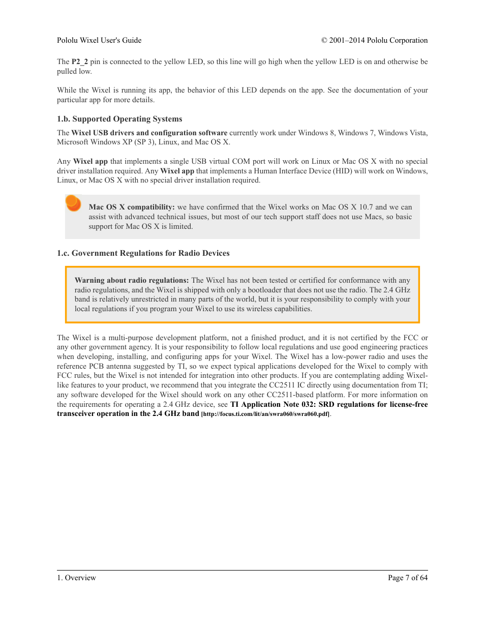 B. supported operating systems, C. government regulations for radio devices | Pololu Wixel User Manual | Page 7 / 64