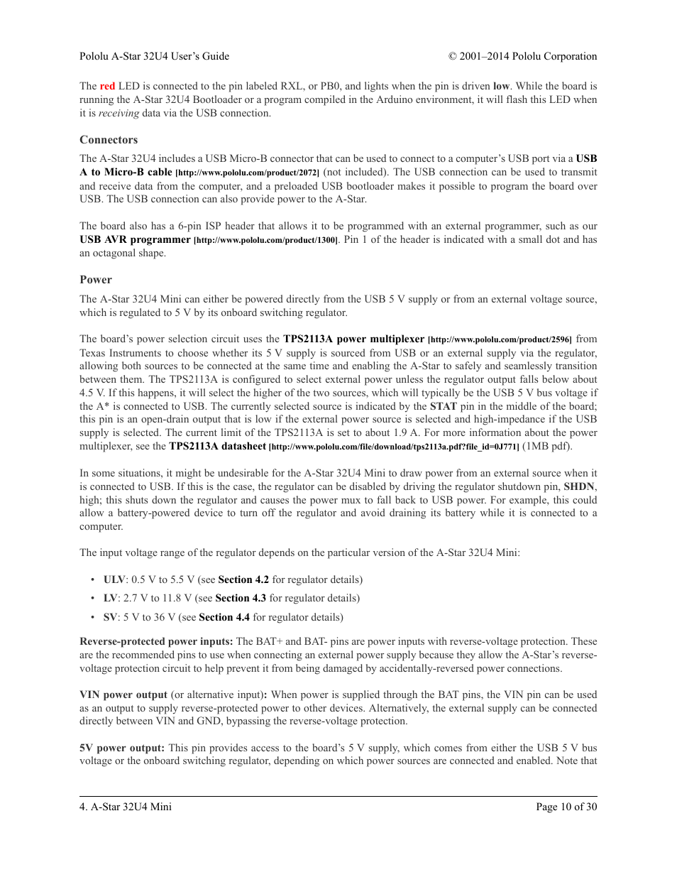 Connectors, Power | Pololu A-Star 32U4 User Manual | Page 10 / 30