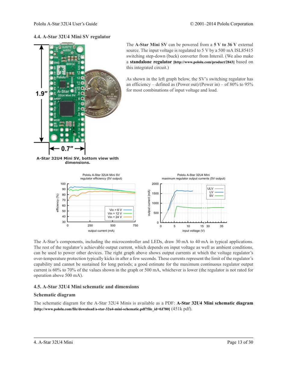 A-star 32u4 mini sv regulator, A-star 32u4 mini schematic and dimensions, Schematic diagram | Pololu A-Star 32U4 User Manual | Page 13 / 30