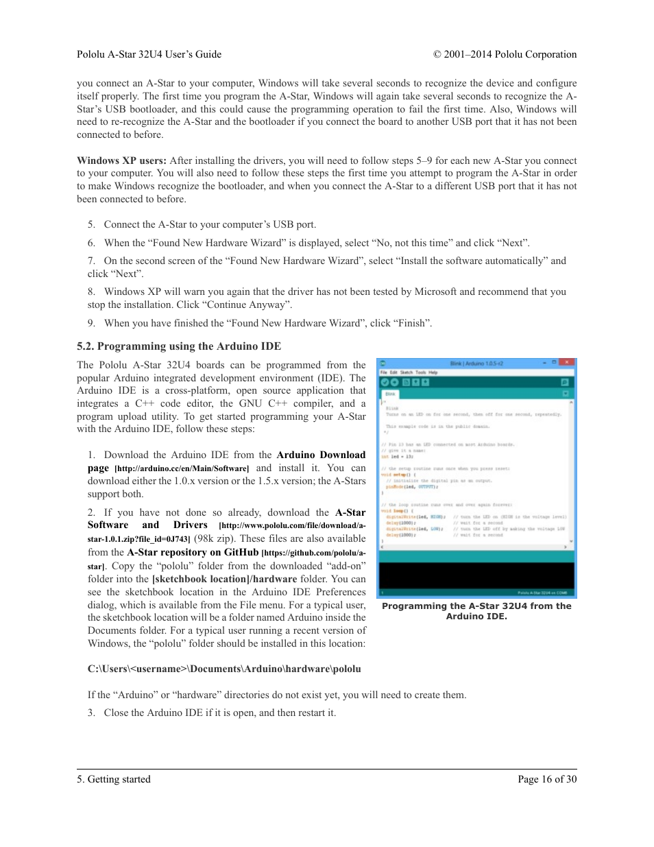 Programming using the arduino ide | Pololu A-Star 32U4 User Manual | Page 16 / 30
