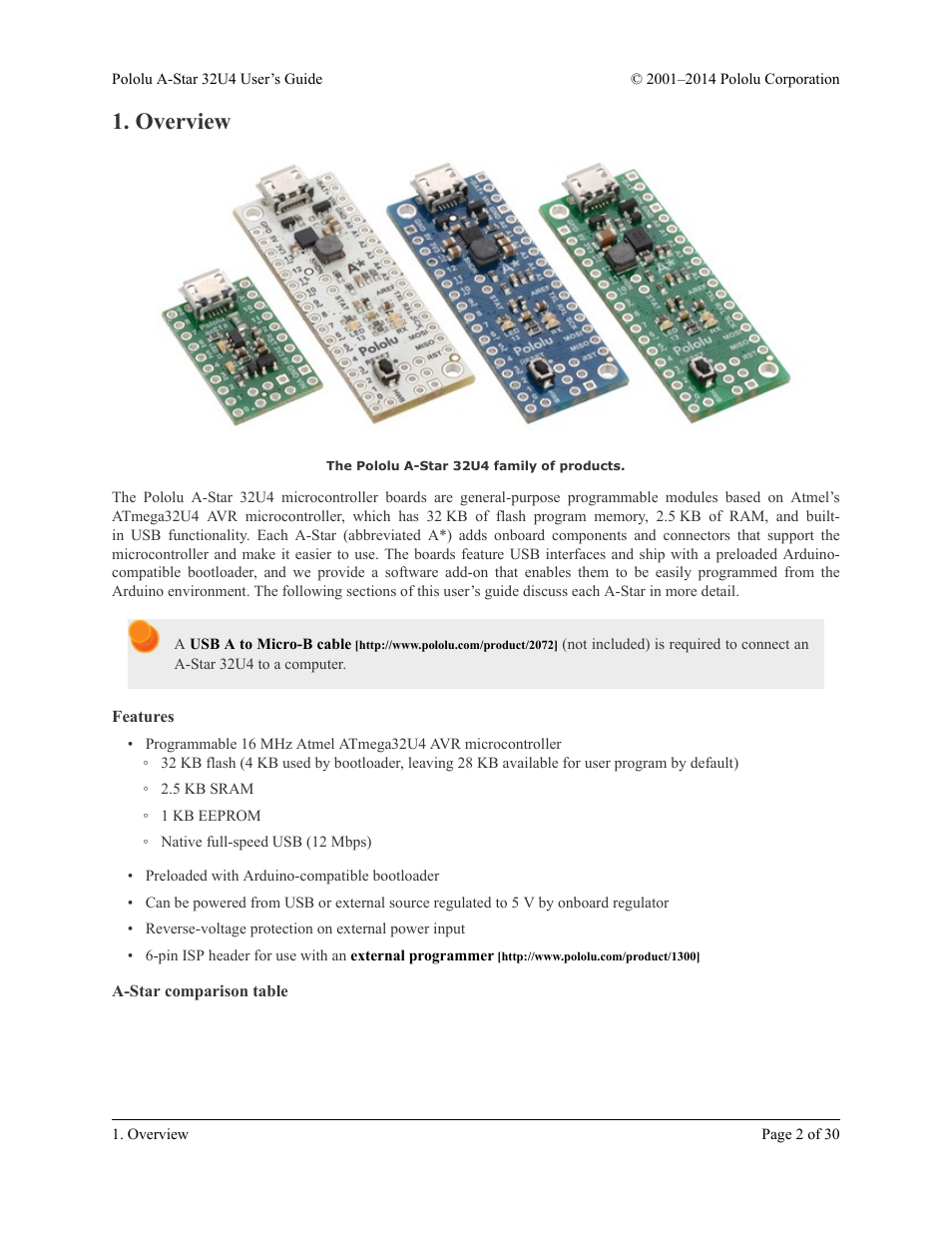 Overview, Features, A-star comparison table | Pololu A-Star 32U4 User Manual | Page 2 / 30