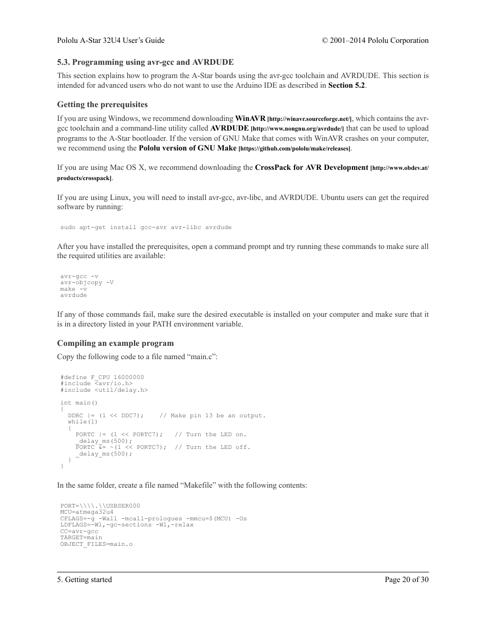 Programming using avr-gcc and avrdude, Getting the prerequisites, Compiling an example program | Pololu A-Star 32U4 User Manual | Page 20 / 30