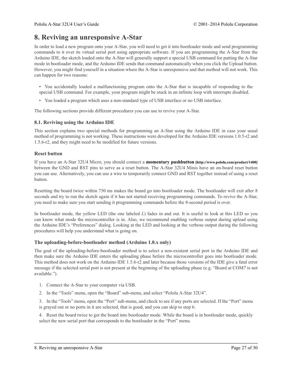 Reviving an unresponsive a-star, Reviving using the arduino ide, Reset button | Pololu A-Star 32U4 User Manual | Page 27 / 30