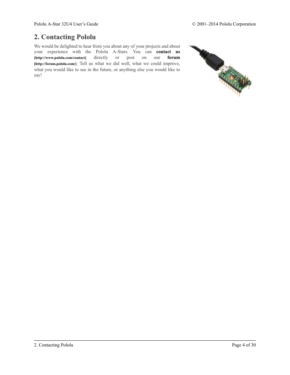 Contacting pololu | Pololu A-Star 32U4 User Manual | Page 4 / 30