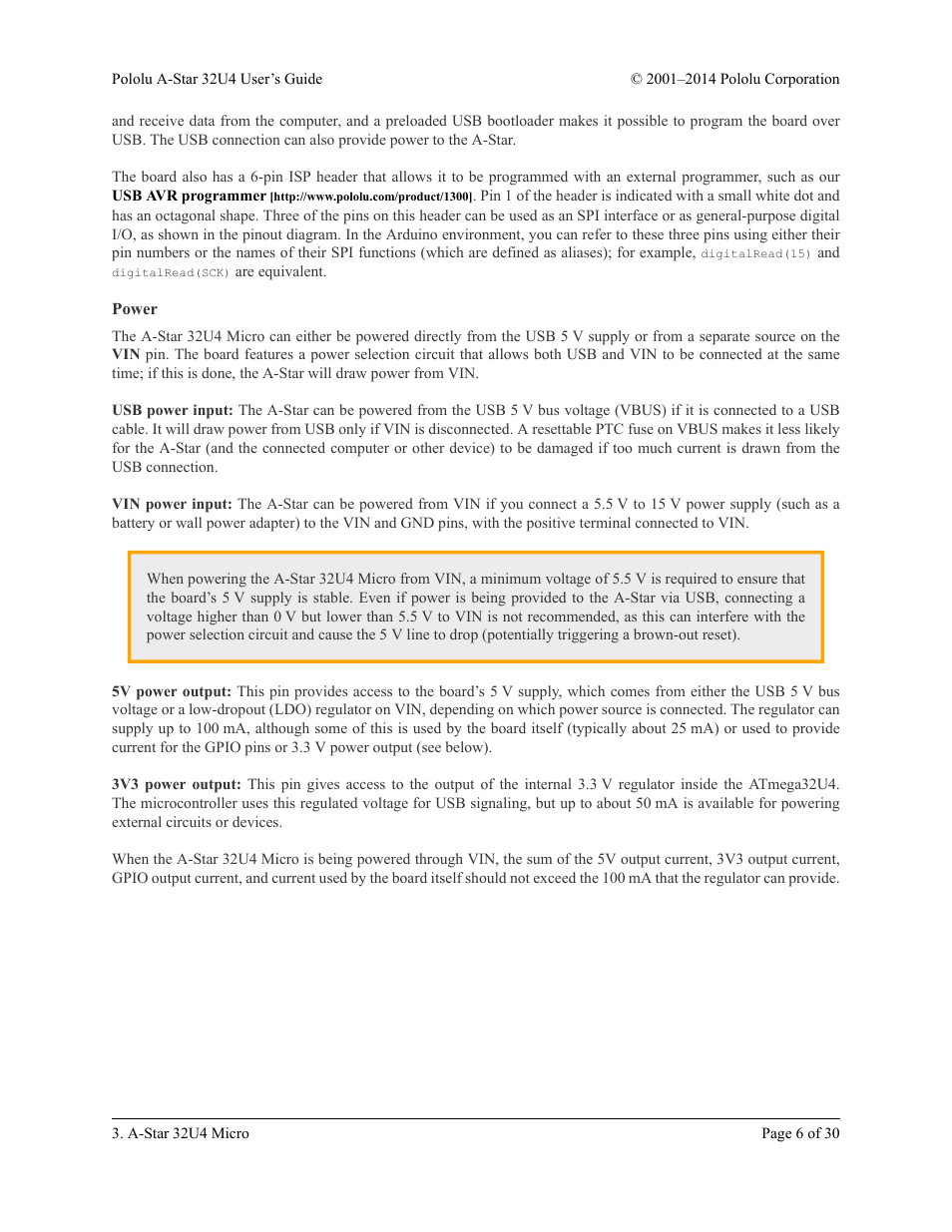 Power | Pololu A-Star 32U4 User Manual | Page 6 / 30