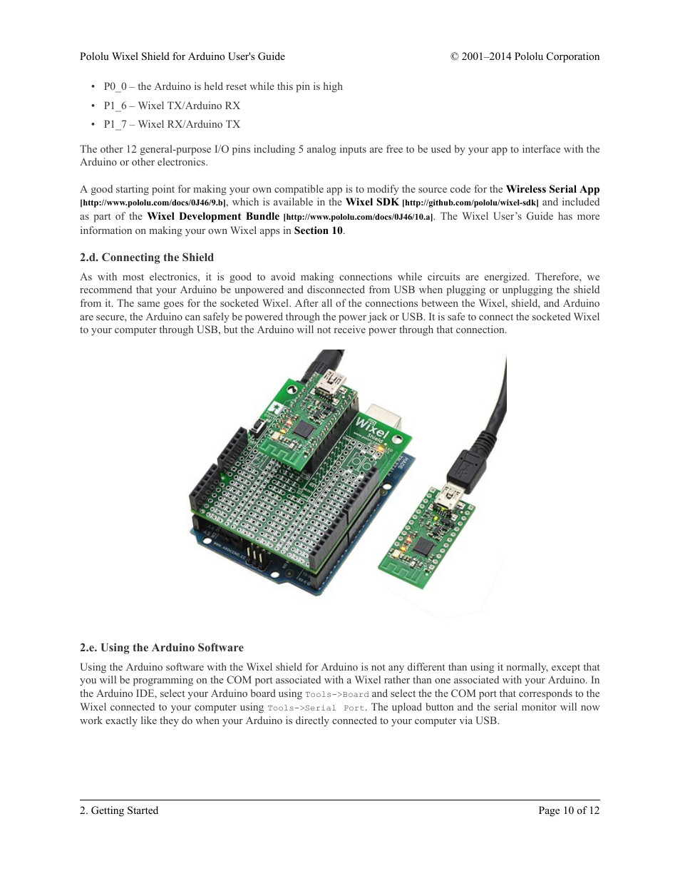 D. connecting the shield, E. using the arduino software | Pololu Wixel Shield for Arduino User Manual | Page 10 / 12