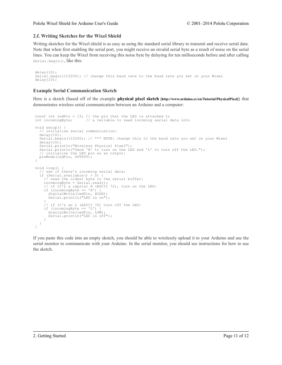 F. writing sketches for the wixel shield, Example serial communication sketch | Pololu Wixel Shield for Arduino User Manual | Page 11 / 12