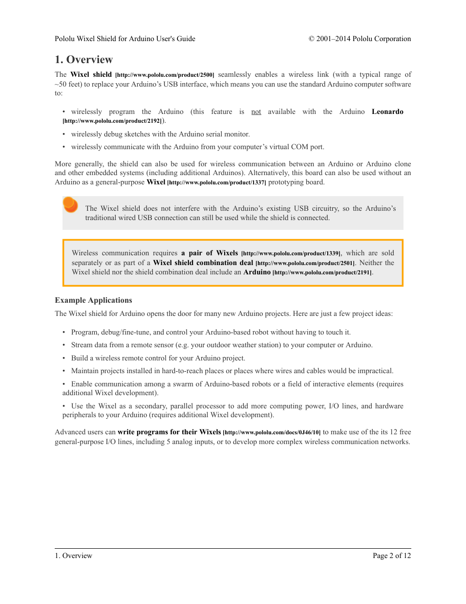 Overview, Example applications | Pololu Wixel Shield for Arduino User Manual | Page 2 / 12