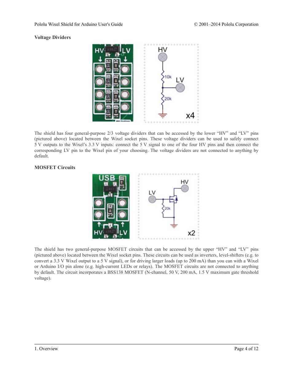 Voltage dividers, Mosfet circuits | Pololu Wixel Shield for Arduino User Manual | Page 4 / 12