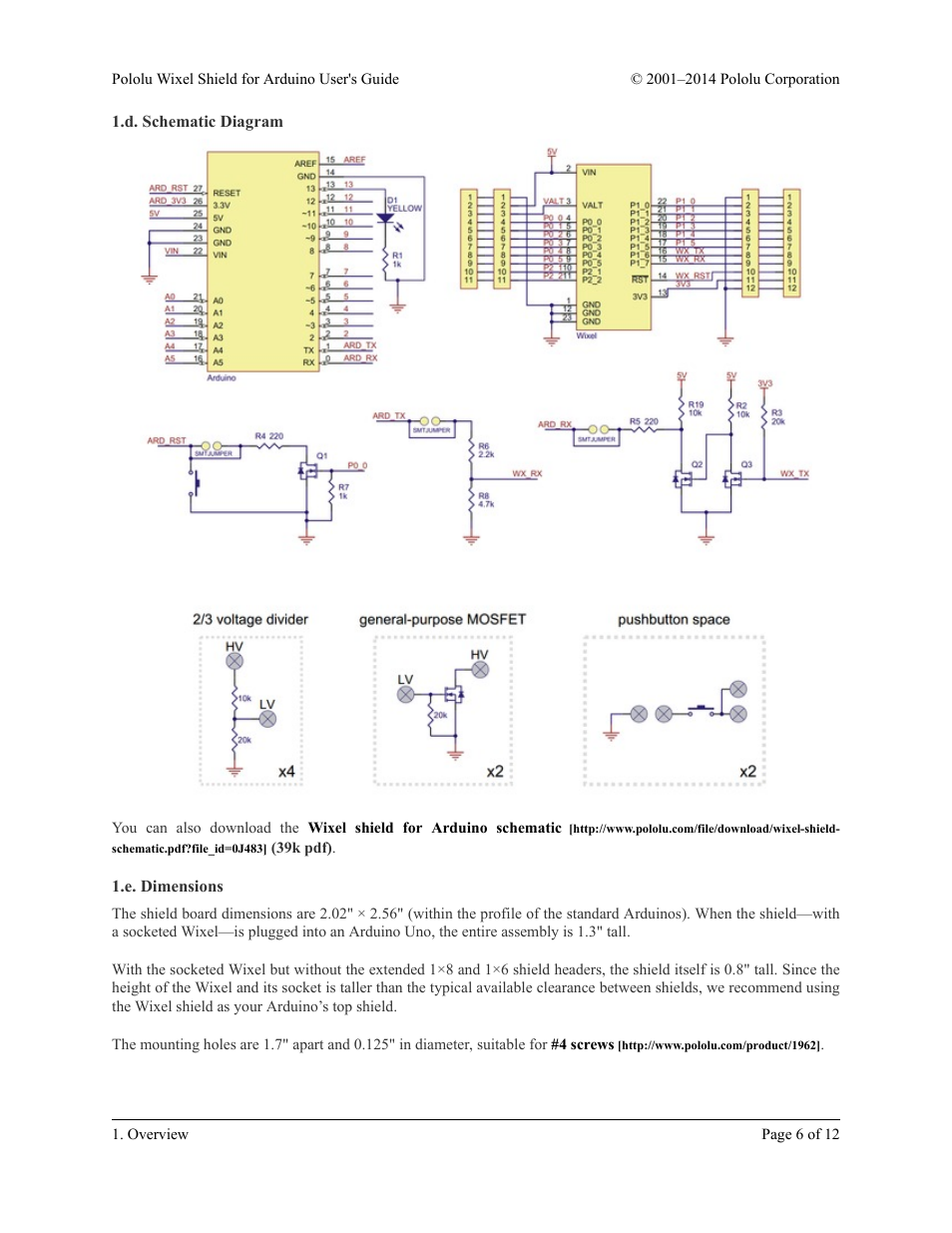 D. schematic diagram, E. dimensions, D. schematic diagram 1.e. dimensions | Pololu Wixel Shield for Arduino User Manual | Page 6 / 12