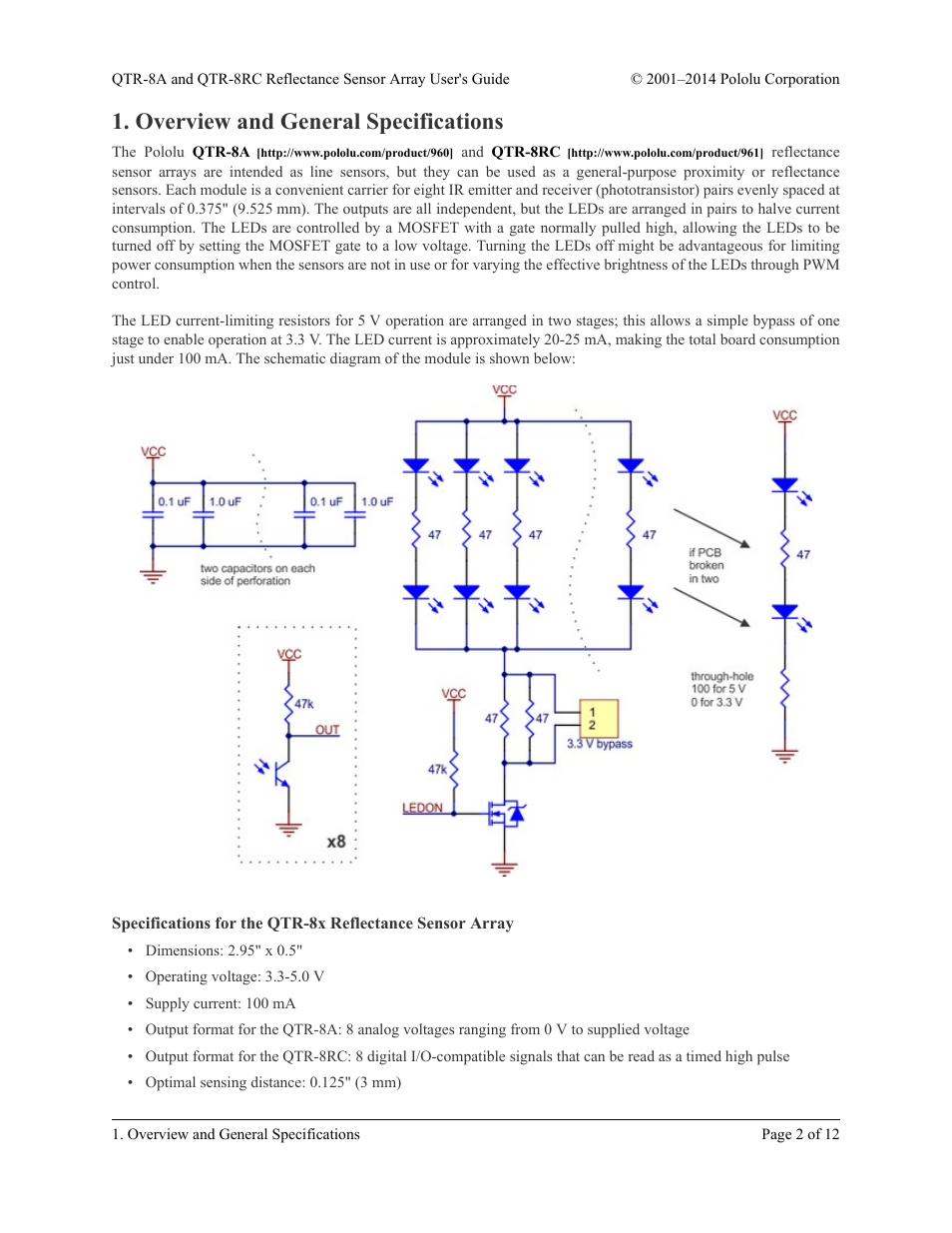 Overview and general specifications | Pololu QTR-8RC User Manual | Page 2 / 12