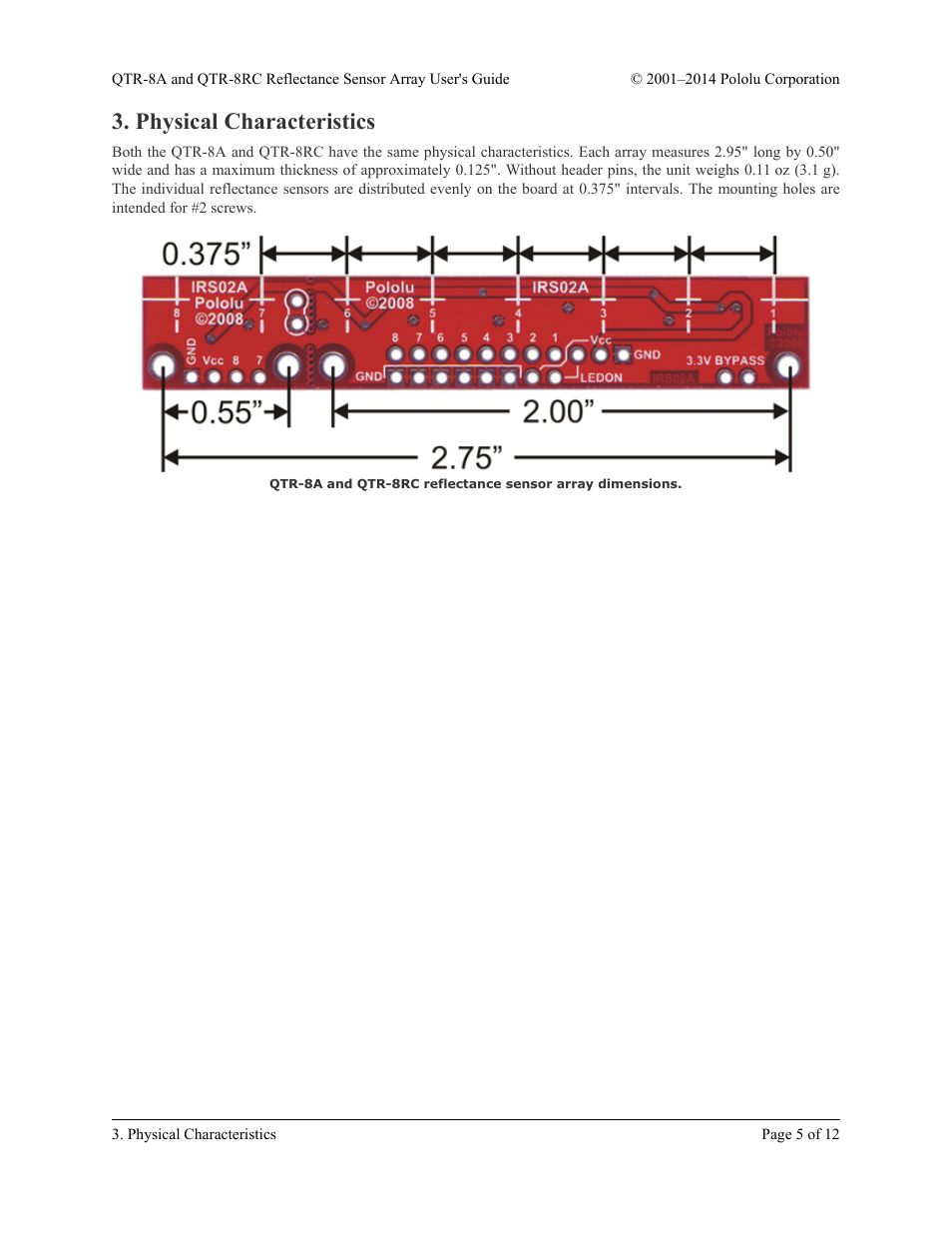 Physical characteristics | Pololu QTR-8RC User Manual | Page 5 / 12