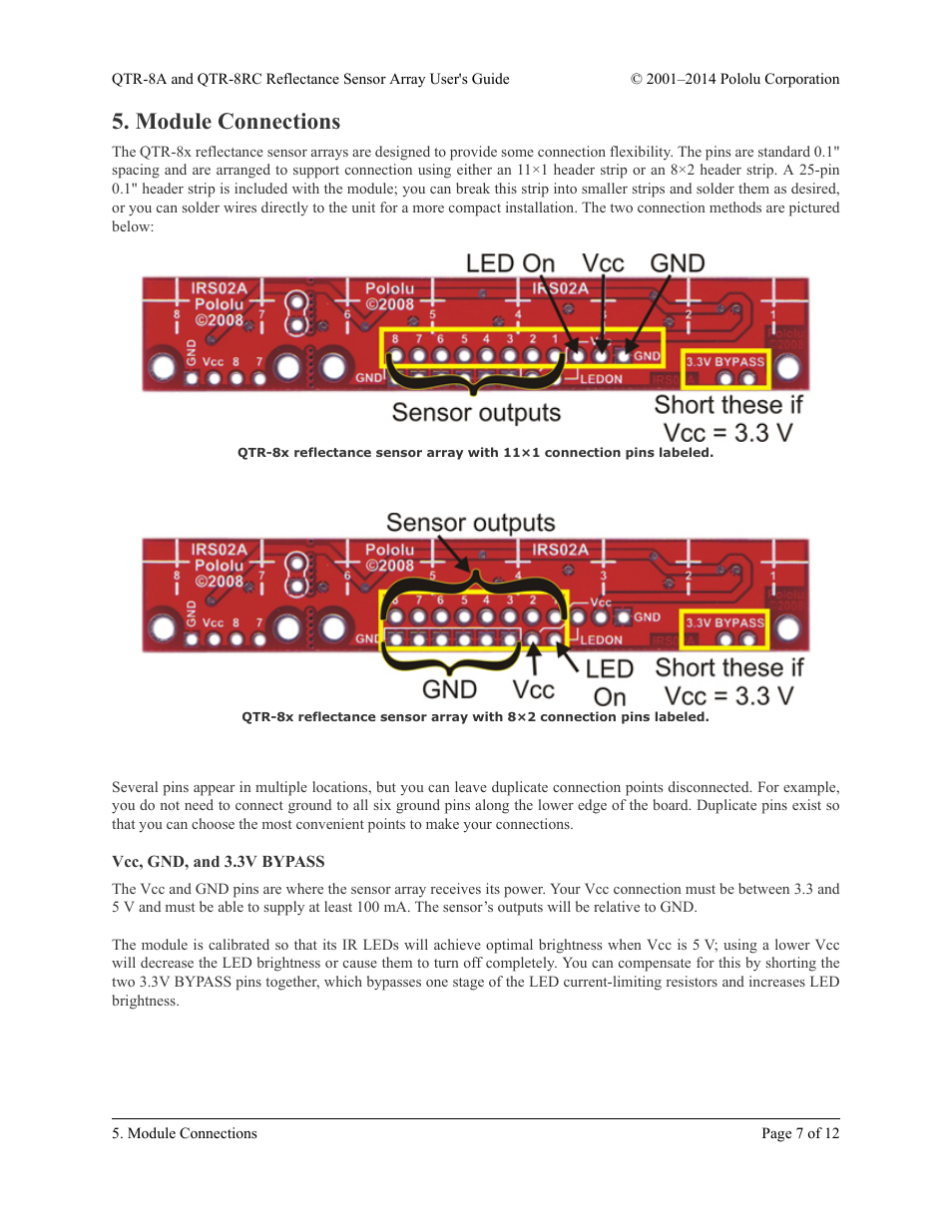 Module connections, Vcc, gnd, and 3.3v bypass | Pololu QTR-8RC User Manual | Page 7 / 12