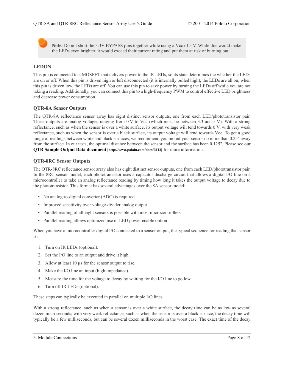 Ledon, Qtr-8a sensor outputs, Qtr-8rc sensor outputs | Pololu QTR-8RC User Manual | Page 8 / 12