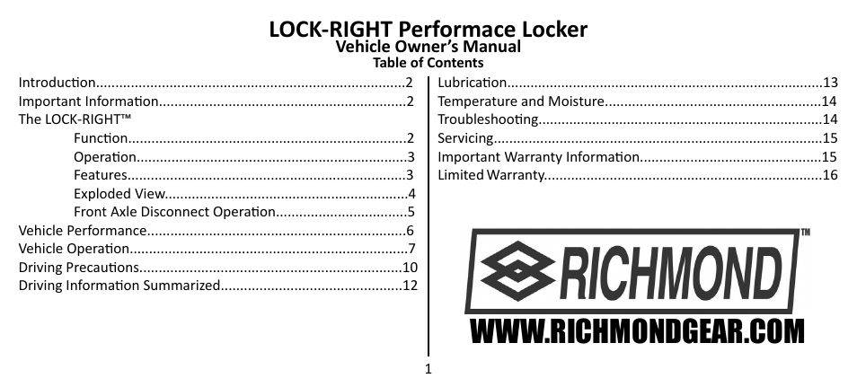 Powertrax LOCK-RIGHT Performace Locker User Manual | 16 pages