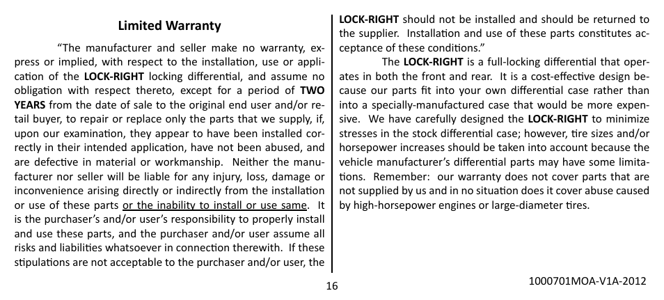 Powertrax LOCK-RIGHT Performace Locker User Manual | Page 16 / 16