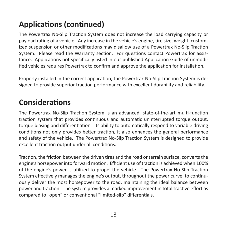 Applications (continued), Considerations | Powertrax No-Slip Traction System User Manual User Manual | Page 16 / 32