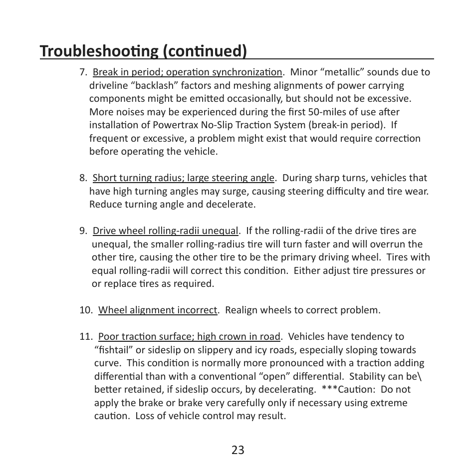 Troubleshooting (continued) | Powertrax No-Slip Traction System User Manual User Manual | Page 26 / 32