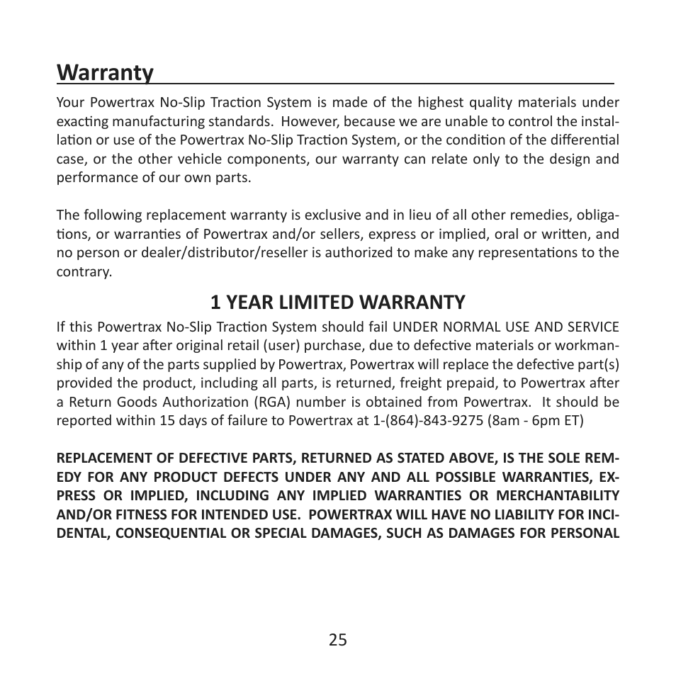 Warranty, 1 year limited warranty | Powertrax No-Slip Traction System User Manual User Manual | Page 28 / 32