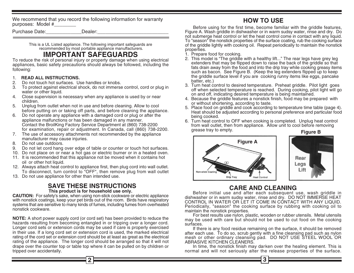 Important safeguards, Care and cleaning, Save these instructions | How to use | Broil King USG-10 User Manual | Page 2 / 2