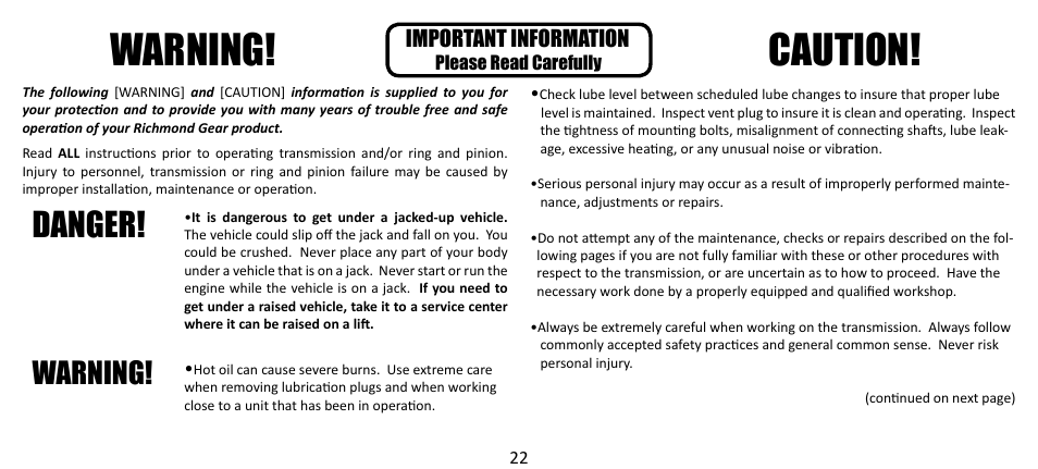 Warning! caution, Danger, Warning | Important information | Powertrax 9010 User Manual | Page 22 / 24