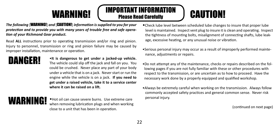 Warning! caution! danger! warning, Important information | Powertrax 4120 User Manual | Page 22 / 24