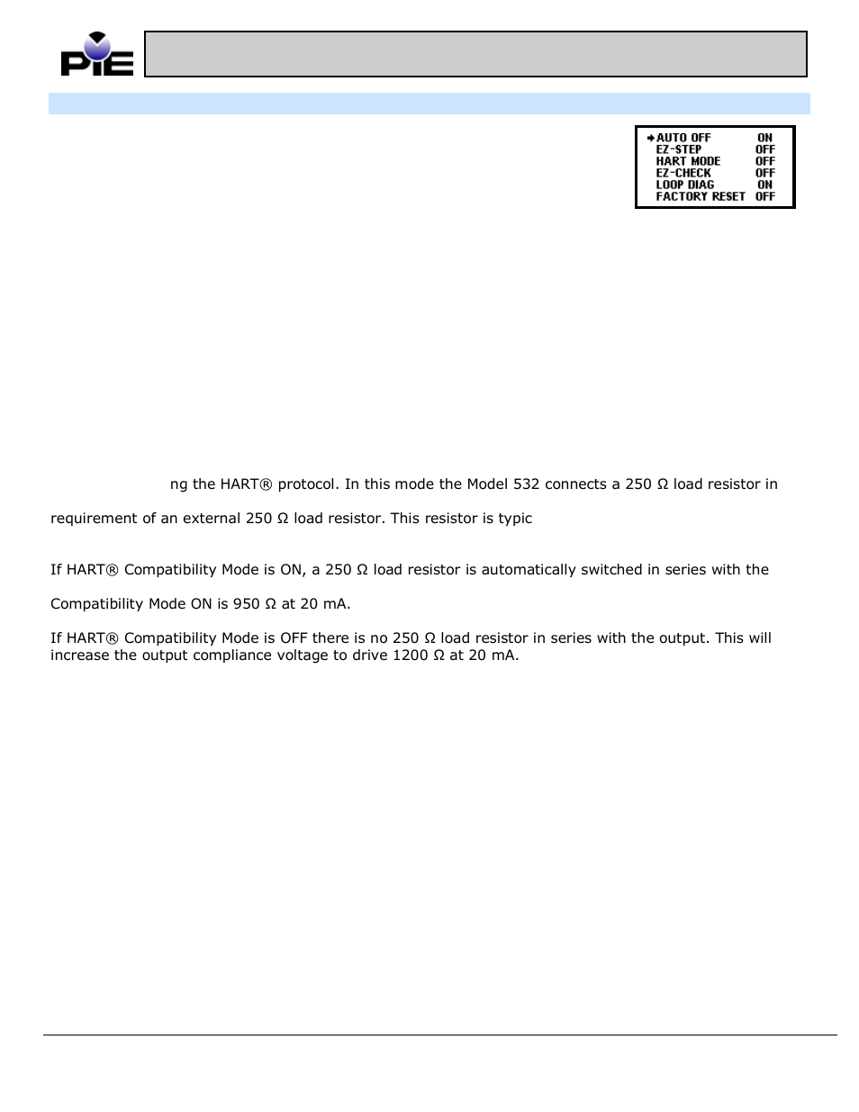 B. model 532 configuration, Auto off - on (default)/off, Ez-step( - on/off (default) | Hart® compatibility mode - on/off (default), Ez-check( hi/lo readings on/off (default), Loop diagnostic on (default)/off, Factory reset on/off (default), Model 532 operating instructions | Practical Instrument Electronics 532 User Manual | Page 2 / 8