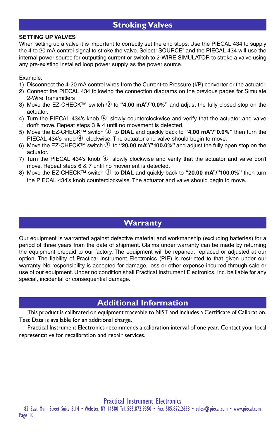 Practical instrument electronics, Warranty, Stroking valves additional information | Practical Instrument Electronics 434 User Manual | Page 10 / 12