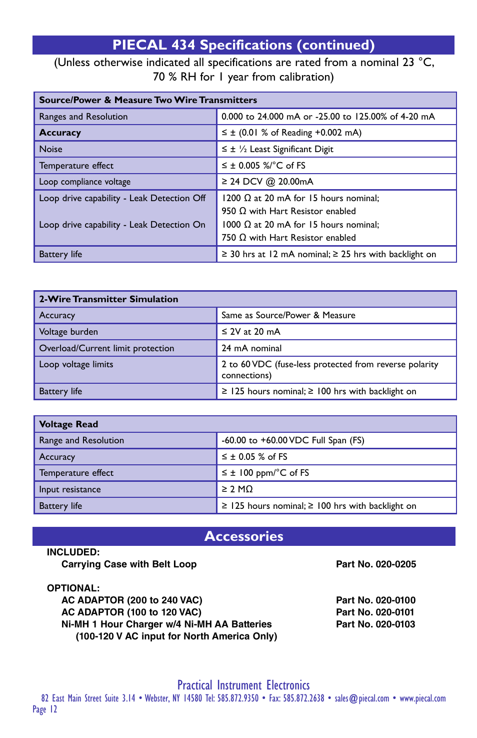 Practical instrument electronics, Piecal 434 specifications (continued), Accessories | Practical Instrument Electronics 434 User Manual | Page 12 / 12