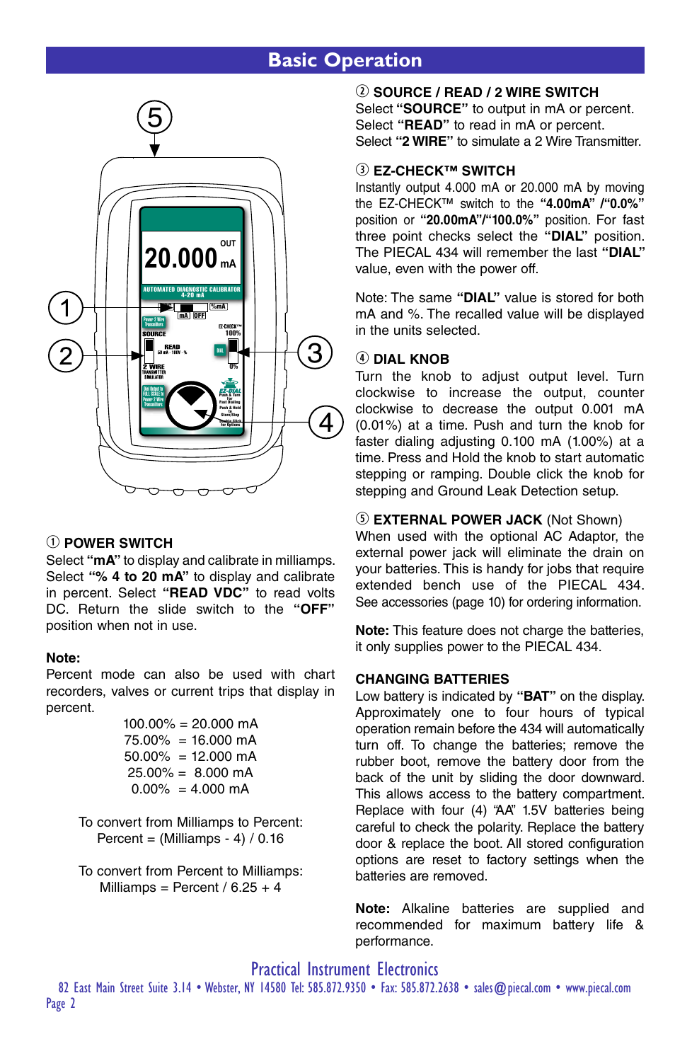 Practical instrument electronics, Basic operation | Practical Instrument Electronics 434 User Manual | Page 2 / 12