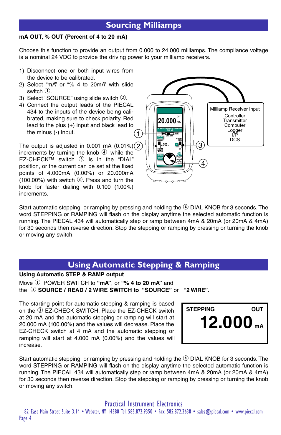 Practical instrument electronics, Sourcing milliamps, Using automatic stepping & ramping | Practical Instrument Electronics 434 User Manual | Page 4 / 12