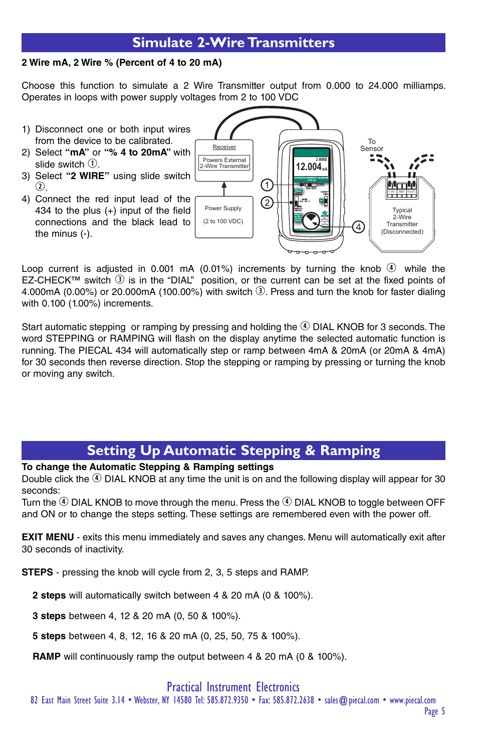 Practical instrument electronics, Simulate 2-wire transmitters, Setting up automatic stepping & ramping | 3) select “2 wire” using slide switch, While the ez-check™ switch, Dial knob to move through the menu. press the | Practical Instrument Electronics 434 User Manual | Page 5 / 12