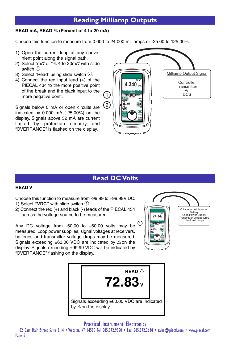 Practical instrument electronics, Reading milliamp outputs, Read dc volts | Read, 3) select “read” using slide switch | Practical Instrument Electronics 434 User Manual | Page 6 / 12